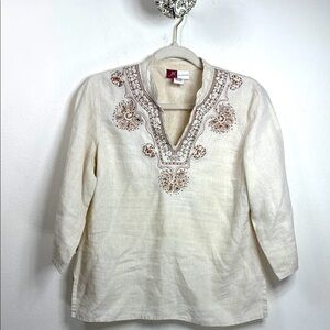 (T2) JM Collection Beige Embroidered Top, 100% line , Sz 6P